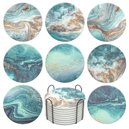 Produktbild: ZEHIQ Untersetzer Gläser, Marmor Tasse Untersetzer-Set 8er, Absorbierender Untersetzer mit Korkboden und Halter, Getränke-Untersetzer für Bars, Cafés, Haus, Party, Büro