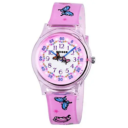 Produktbild: Zeiger Kinder Uhr Analog Quartzwerk mit Silikon Armband fur Lern Rosa Schmetterling 34mm KW098BUT