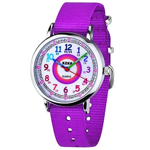 Produktbild: Zeiger Kinderuhr Mädchen Jungen Armbanduhr Nylon Quarz Analog Einfach-Lesen Lernuhr Lila Mädchenuhr Jungen Geschenk Uhr