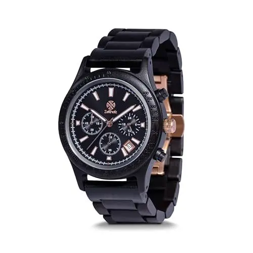 Produktbild: Zeitholz Holzuhr Herren, für Herren, Armbanduhr, Chronograph, Neue Bergen, Analog, 42mm, 100% Naturholz mit Japanischem Quarzwerk. Entworfen um EIN Statement zu setzen. (Black)