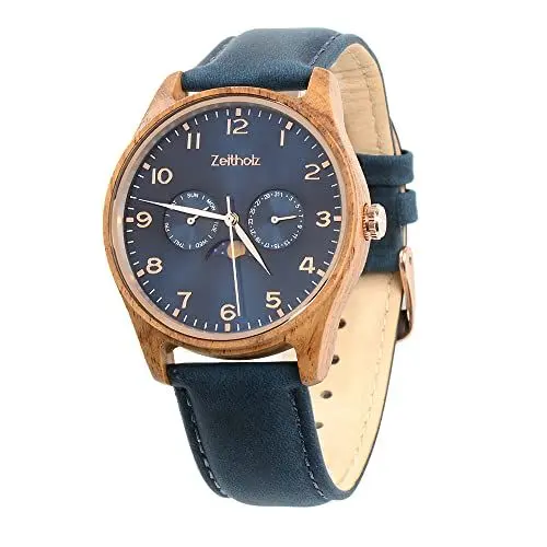 Produktbild: Zeitholz Holzuhr Herren, für Herren, Armbanduhr, Neue Klitten Kollektion, Analog, 42mm, 100% Naturholz mit Japanischem Quarzwerk. Zeitloser Stil, nachhaltiger Luxus. (Blau)