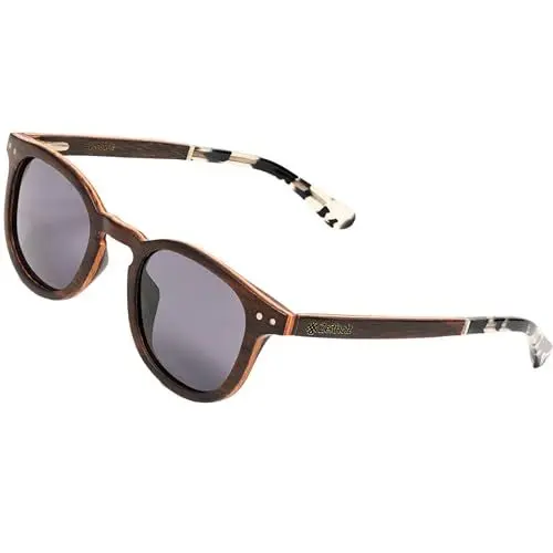 Produktbild: Zeitholz Neu Holz Sonnenbrille Damen & Herren – Ebenholz mit Acetat – Polarisierte UV400 Gläser – Mit Korketui, Stoffbeutel, Reinigungstuch & 2 Brillenbändern
