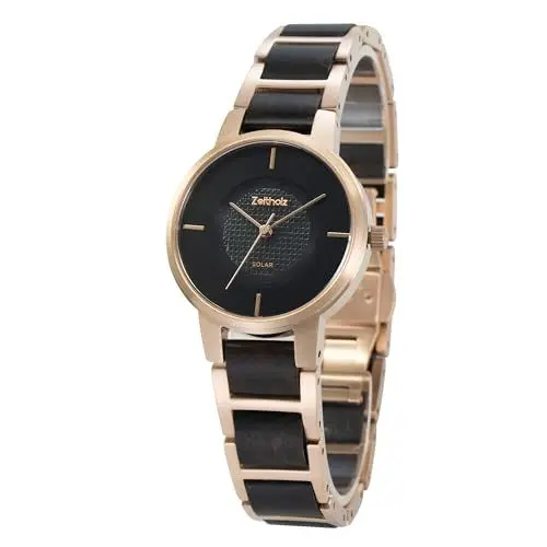 Produktbild: Zeitholz Solaruhr Damen - Freiberg Holzuhr 34mm, gefertigt aus Sandelholz oder Eichenholz mit fortschrittlicher japanischer Solartechnologie und einem eleganten, nachhaltigen Design. (schwarz)