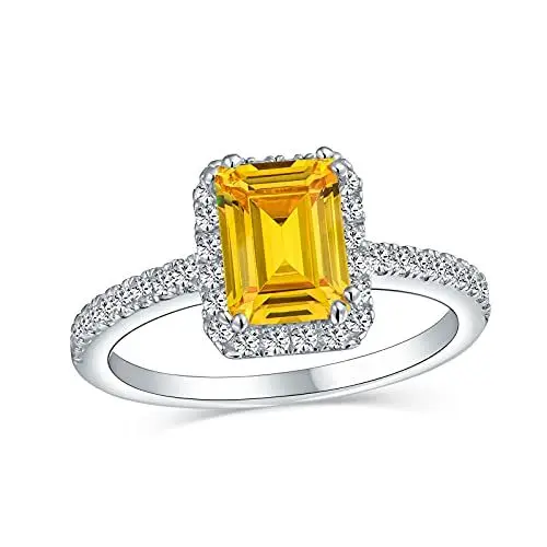 Produktbild: Zeitlos Klassisch Elegant 3CT Halo AAA CZ Art Deco Stil Klar Kanariengelb Rechteck Smaragd Schnitt Verlobungsring Für Frauen Zirkonia Pflaster Dünn 1 MM Band .925 Sterling Silber Rosé Vergoldet