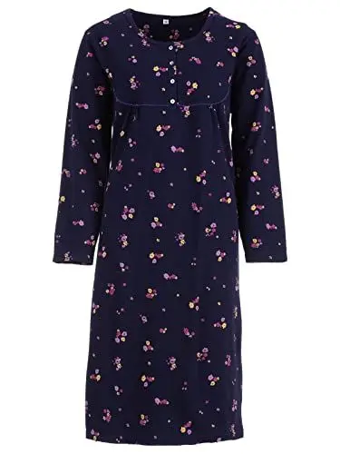 Produktbild: Zeitlos Nachthemd Damen Thermo Langarm Knopfleiste Rosen, Farbe:Navy, Größe:XXL
