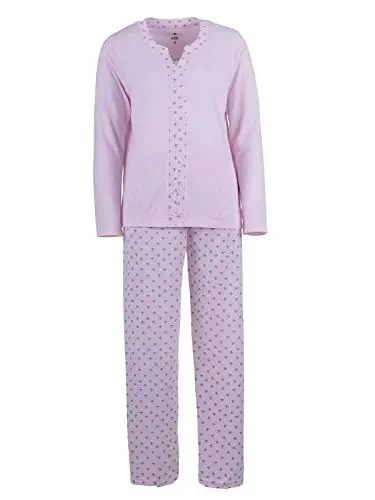 Produktbild: Zeitlos Schlafanzug Pyjama Damen Langarm Lilie Oberteil Hose V-Ausschnitt Bordüre Baumwolle, Farbe:rosa, Größe:XL