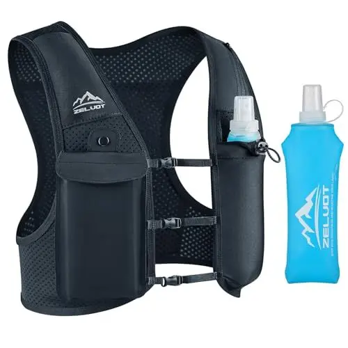 Produktbild: Zelvot Laufweste für Damen und Herren, Europäisches Originalpatent, Verstellbare Brustgurte, Trinkweste Laufen mit 500ml Wasserflasche, Reflektierender Trinkrucksack mit Handyhalterung (Schwarz, M/L)