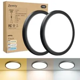 Produktbild: zemty 2Stück/3Farben 3000/4000/6500K LED Deckenleuchte Flach, 15W 1800LM Ø18cm Deckenleuchten, Schwarz Rund Ultra Dünn Deckenlampe LED Lampen Deckenlampen,Deckenbeleuchtung für Badezimmer,Küche