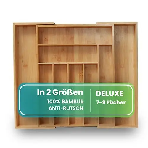 Produktbild: ZEN HOME Deluxe Bambus Besteckkasten für Schubladen, ausziehbar 33–50 x 43 x 5 cm, Anti-Rutsch Besteck Organizer Schubladeneinsatz mit 7 bis 9 Fächern