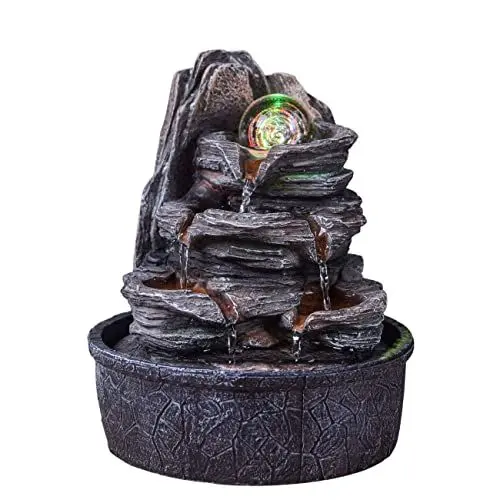Produktbild: Zimmerbrunnen Wasserfall Natur Treppe Steineffekt Buntes Licht, Geschenkidee, Innendekoration in Bewegung - Zen Tischbrunnen Entspannend, Glücksbringer Objekt, H 25cm - Luberon Zen'Light