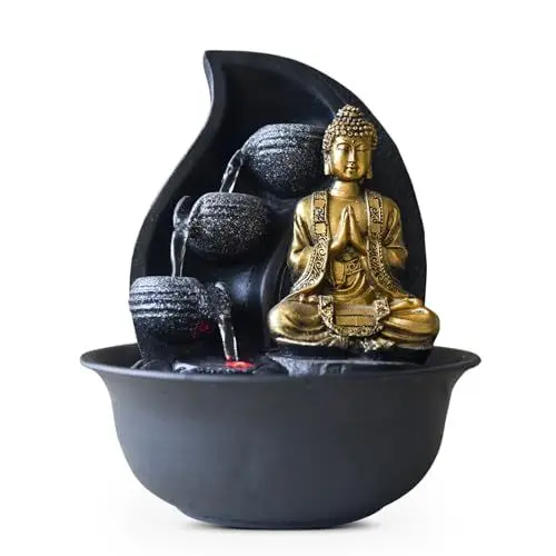 Produktbild: Zen Light Praya Zimmerbrunnen mit Pumpe und LED-Beleuchtung, Kunstharz, Gold
