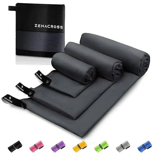 Produktbild: ZENACROSS Mikrofaser Handtuch (3er-Set) mit Transportbeutel - Schnelltrocknendes und vielseitiges Fitness Handtuch - Sporthandtuch Größen S, M, L - Dunkelgrau