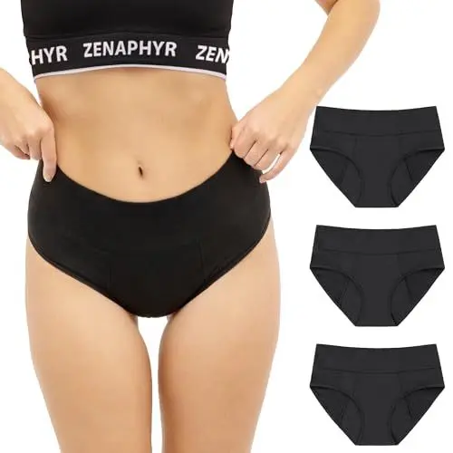 Produktbild: ZENAPHYR Perioden Unterwäsche 3er Pack M - Periodenunterschwäsche für Mittlerer Fluss - Menstruationsunterwäsche aus Baumwolle, Waschbar und Wiederverwendbar