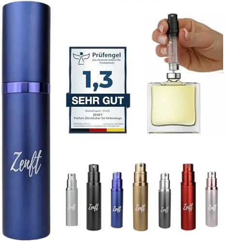 Produktbild: Premium Parfum Zerstäuber für Unterwegs - nachfüllbarer Reiseduftstoff, mini parfum, Zerstäuber Sprühflasche, Perfume travel bottle, Parfüm Abfüller, Parfümzerstäuber nachfüllbar, atomiser blau