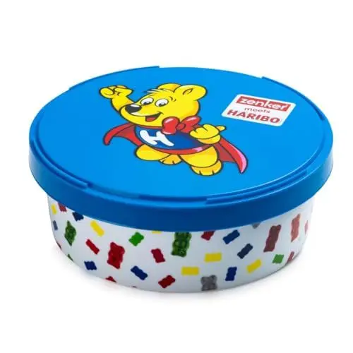 Produktbild: Zenker meets Haribo Vorratsdose als Aufbewahrung für Snacks und Süßigkeiten – Frischhalte-Dose aus Kunststoff mit süßem Goldbär-Design – Runde Dose für die Küche, Blau/Bunt