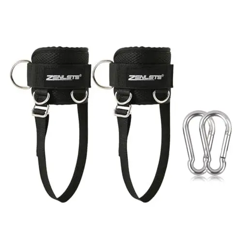 Produktbild: zenlete 2 Stück Fußschlaufen Kabelzug 5 D-Ringen und extra Band verstellbar für Frauen und Männer - Ankle Straps für Fitness Training Kickbacks (Schwarz)