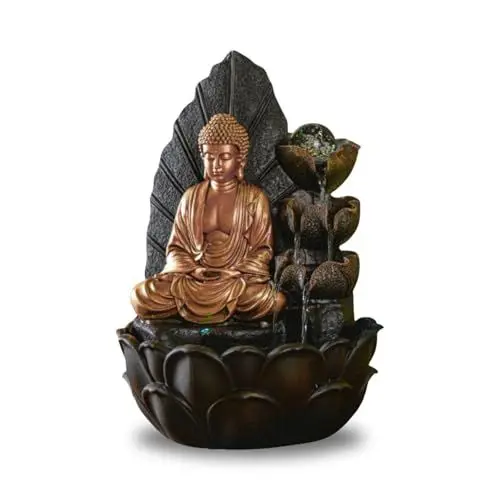 Produktbild: ZEN'LIGHT, Zimmerbrunnen Buddha Hartha, Dekoration Zen und Feng Shui, originelles Geschenk Buddha, LED-Beleuchtung Mehrfarbig, leise Pumpe, L 27 x B 27 x H 40 cm