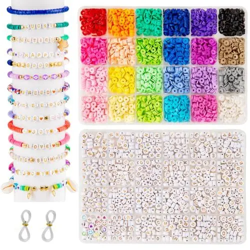 Produktbild: zenmag Perlen für Armbänder, 24 Farben Tonperlen Set für Freundschaftsarmbänder, 690 Buchstabenperlen in aufsteigender Reihenfolge und 30 Stück Herzperlen Smileyperlen