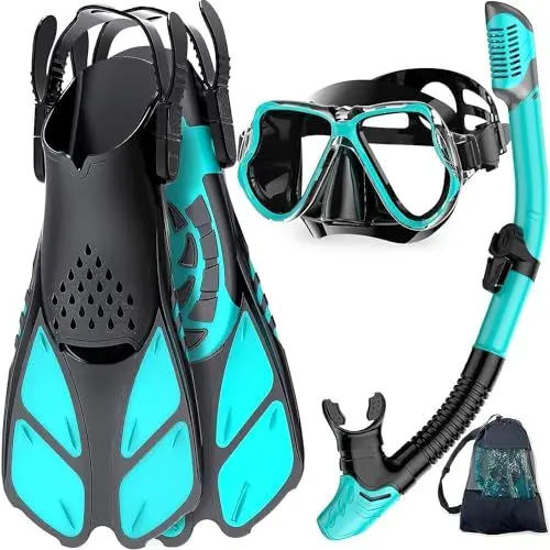 Produktbild: Zenoplige Schnorchelset Erwachsene mit Flossen, Anti-Fog Panorama Taucherbrille, Dry Top Schnorchel und Schwimmflossen, 3 in 1 Schnorchel Set für Schwimmen, Tauchen