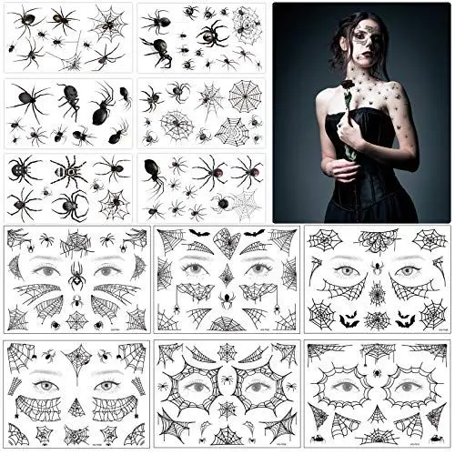Produktbild: ZERHOK 12 Blätter Schwarz Spinnen Tattoos mit Spinnennetz Gesicht Temporäre Tattoo Spinnweben Klebetattoos Schaurige Gesichtsaufkleber für Halloween Masquerade Karneval Party Punk Geschenk