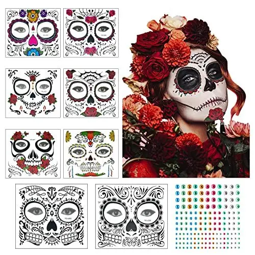Produktbild: ZERHOK 8 Blätter temporäre Tattoo Totenkopf, Sicherheit Gesicht Tattoo Kinder Erwachsene Spinnennetz Make up Aufkleber für Halloween Maskerade Fasching Party