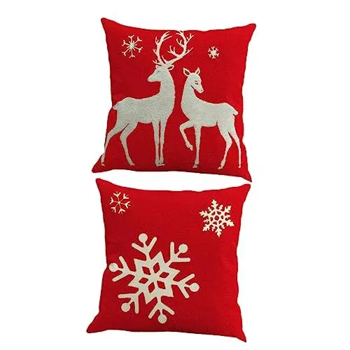 Produktbild: Zerodeko Leinen Kissenbezug Set Weihnachten Kissen Rentier Santa Schneeflocke Muster Dekorative Kissenbezug Für Wohnzimmer
