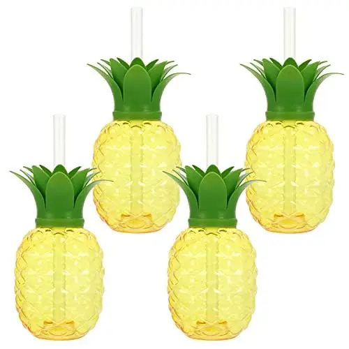 Produktbild: Zerodeko 4 Sätze Kunststoff Trinkbecher mit Strohhalm Deckel Ananas Milchbecher Wiederverwendbar Tumbler Wasserbecher Kaffeebecher Saft Kaffee Tasse Smoothie Becher Bubble Tea Cup