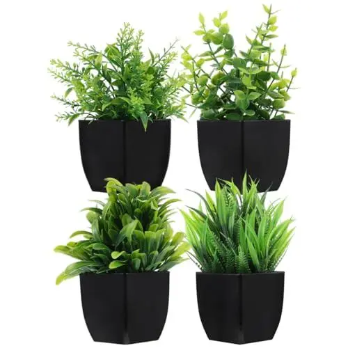 Produktbild: Zerodeko 4 Stück Künstliche Pflanzen Im Schwarzen Topf, Mini-künstliche Eukalyptus-topfpflanze, Kleine Künstliche Grasgrün-topfpflanzen Für Den Innenbereich, Zuhause, Büro, Bauernhaus,