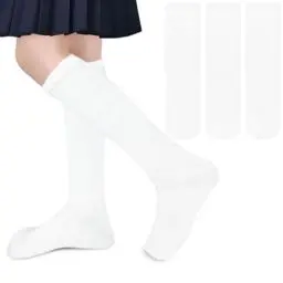 Produktbild: ZERULETS 3 Paare Baumwolle Mädchen Kniestrümpfe Knielang Socken, Schwarz Weiß Kniestrümpfe Sportsocken Jungen Kinder Unisex Socken für 1-14 Jahre(Weiß, 4-7 Jahre)