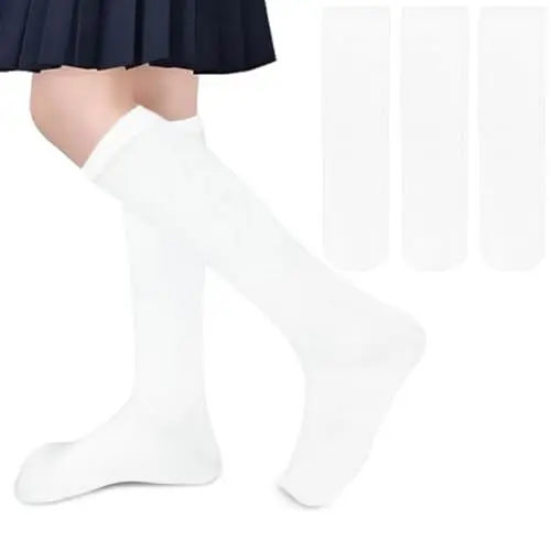 Produktbild: ZERULETS 3 Paare Baumwolle Mädchen Kniestrümpfe Knielang Socken, Schwarz Weiß Kniestrümpfe Sportsocken Jungen Kinder Unisex Socken für 1-14 Jahre(Weiß, 4-7 Jahre)