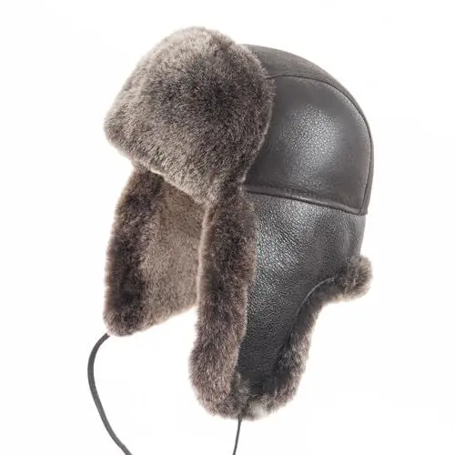 Produktbild: Zessano Unisex Fliegermütze aus Schafsleder, Russische Ushanka Trapper Winterfellmütze - Shearling 100% Leder Schaffell Hüte für Männer Frauen
