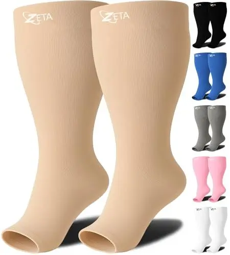 Produktbild: Zeta Wear Kompressionsstrümpfe Dicke Waden, Damen, Beruhigende Bequeme enunterstützung, Verhindert Schwellungen, Schmerzen, Ödeme, DVT, Große Manschetten, Den mit Offener Spitze, Beige, 4XL