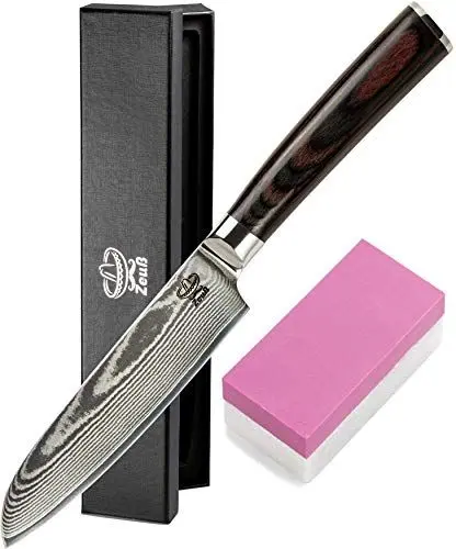 Produktbild: ZEUß Damastmesser Santoku Messer L (24 cm) Profi-Kochmesser aus echtem 67 Lagen Damaststahl I Damast-Küchenmesser mit Schleifstein, Holzgriff, Klingenschutz und Geschenkbox
