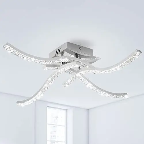 Produktbild: Zewanny LED Deckenleuchte, 32W Acryl Wellenförmige Deckenlampe 4-flammige 3520 Lumen Deckenleuchte für Esszimmer Wohnzimmer, Schlafzimmer, Küchenflur, Schlafzimmer (Chrom, 5500K Kaltes Weiß)