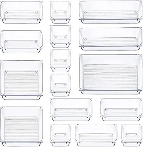Produktbild: ZEYXINH 16 Stück Schubladen Ordnungssystem mit 5 Größen, Schubladen Organizer, Schminktisch Organizer, Klar Kunststoff Organizer Schublade, Einsetzbar für Makeup Organizer, Küchen, Bad, Büro
