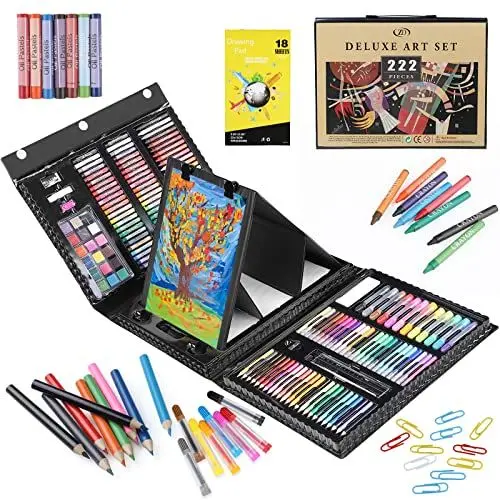 Produktbild: Zezirdas 222 teilig Doppelseitiges dreifach gefaltetes Malset, Malkasten für Kinder - Buntstifte Set, Wasserfarben, Ölpastellfarbe, HB Bleistift, Radierer für Kinder ab 3 Jahre, Tolles-Buntstifte Set