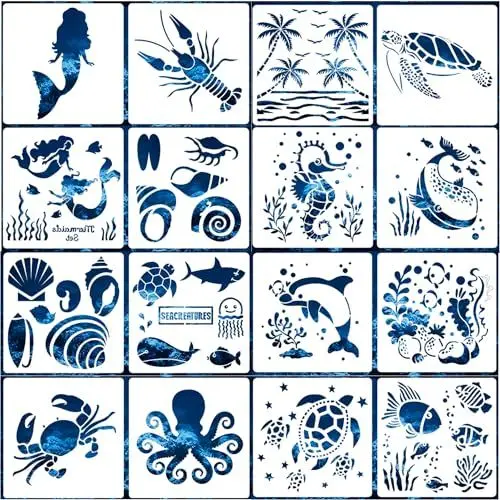 Produktbild: ZFKXGS 16 Stück Schablonen Meer Malerei Schablonen Zeichnen Stencil Schablonen Wiederverwendbar Meer Tier Schablonen Zeichenschablonen Kunststoff Malschablone zum Malen Wanddeko Scrabooking 15x15cm