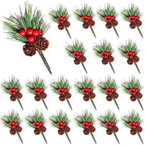 Produktbild: ZFKXGS 20 Stück Weihnachten Künstliche Tannenzweige mit Beeren aus Stechpalmen Tannenzapfen für Weihnachtsdekoration Weihnachtsdeko Rot Adventsdeko Aussen Innen Selber Machen Basteln Advent Tischdeko