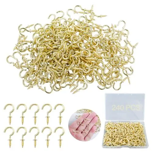 Produktbild: ZFKXGS 240 Stück Kleine Schraubhaken Golden 1/2 Zoll Hakenschrauben Set Mini Deckenhaken Einschraubhaken Becherhaken für Holz Hängende Garten Pflanzen Kunst Weihnachts Dekorationen Schlüssel, mit Box