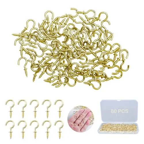 Produktbild: ZFKXGS 80 Stück Kleine Schraubhaken Golden 1/2 Zoll Hakenschrauben Set Mini Deckenhaken Einschraubhaken Becherhaken für Holz Hängende Garten Pflanzen Kunst Weihnachts Dekorationen Schlüssel, mit Box