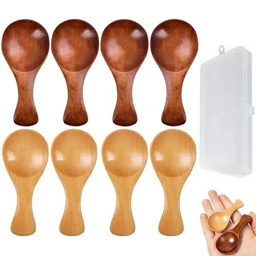Produktbild: ZFKXGS 8 Stück Honiglöffel Holz Set 8x3.5cm Mini Eisportionierer Holz Kaffeelöffel Kleine Jamlöffel Rührlöffel Set Dessertlöffel Marmelade Löffel Holzlöffel für Gewürze Eis Kaffee Tee Zucker (mit Box)