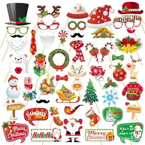 Produktbild: Zfseyuh Weihnachten Foto Requisiten 52 Stück Fotobox Accessoires für Weihnachten Party Foto Requisiten Weihnachten Weihnachten Photo Booth für Erwachsene Kinder Weihnachtsfeier Zubehör