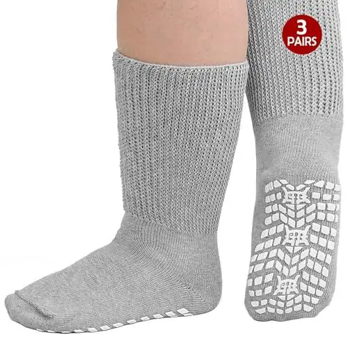 Produktbild: ZFSOCK Diabetiker Socken Herren Damen: ABS Stoppersocken Griffen Diabetikersocken Ohne Gummibund Rutschfeste Noppen Extra Weite Antirutschsocken Baumwolle Ohne Gummi Komfortbund 3 Paar 39-46 Grau