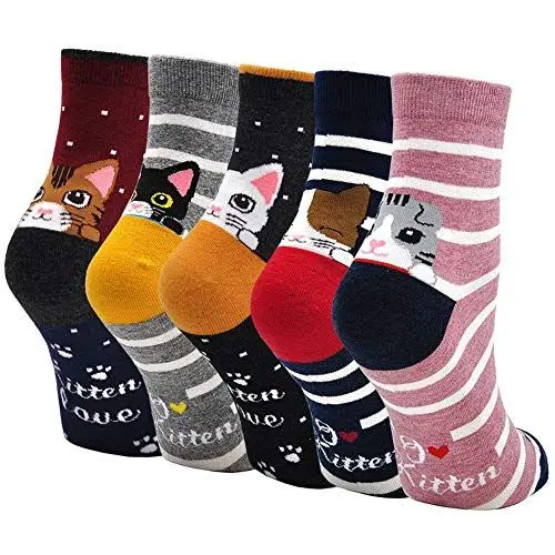 Produktbild: ZFSOCK Kindersocken Socken Mädchen 31-34: Bunte Kinder Sneaker Socken aus Baumwolle Lustige Motiv Karikatur Tier Katze Weihnachten Geschenkideen 5 Paare