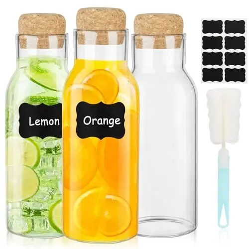 Produktbild: ZgoEC 3er Set Glaskaraffe 1 Liter, Wasserkaraffe mit Korkdeckel und Aufkleber, Glaskaraffe für Heiße und Kalte Getränke, Glaskaraffenflaschen für Säften, Nachfüllbare Weichspülerdosen mit Stopfen