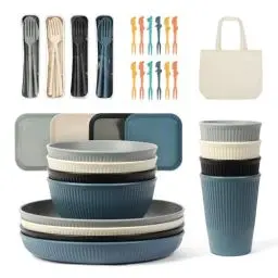 Produktbild: ZgoEC 49pcs Camping Geschirr Set 4 Personen, Unzerbrechliches Camping Geschirr Set mit Tragetasche, Leicht Plastikgeschirr Set 4 Personen, Stapelbar Picknick Tafelsevice for BBQ Garten Camping