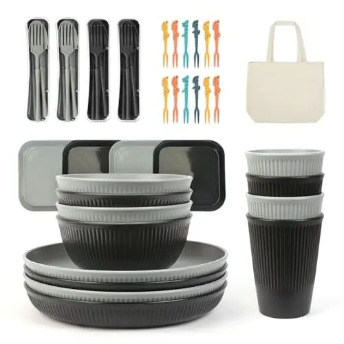 Produktbild: ZgoEC 49pcs Camping Geschirr Set 4 Personen, Unzerbrechliches Campinggeschirr 4 Personen, Leicht Plastikgeschirr Set mit Tragetasche, Stapelbar Teller Schüsseln, Picknick Tafelsevice für Garten BBQ