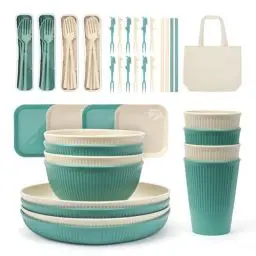 Produktbild: ZgoEC 53pcs Camping Geschirr Set 4 Personen, Unzerbrechliches Camping Geschirr Set mit Tragetasche, Leicht Plastikgeschirr Set 4 Personen, Stapelbar Picknick Tafelsevice for BBQ Garten Camping
