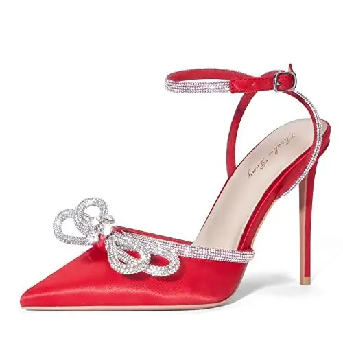 Produktbild: Zhabtuc Damen-Pumps mit hohem Absatz, Satin Strass Bowknot Schnürsandalen, Rot, 39 EU