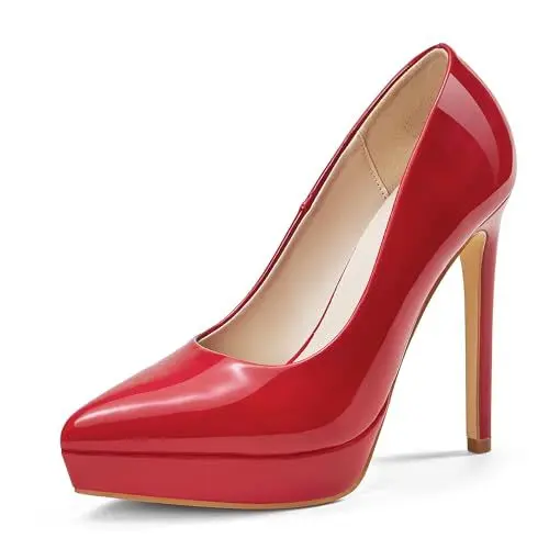 Produktbild: Zhabtuc Damen Plateau Pumps Klassische Stiletto Absatzschuhe Platform High Heels Spitze Zehen Hochzeit Schuhe, Rot, 38 EU